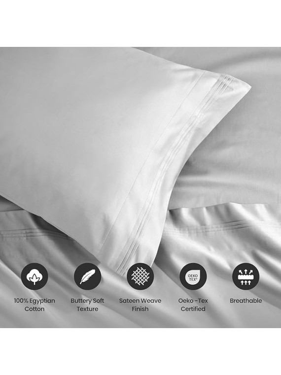 Egyptian Cotton 4 Piece Sheet Set, Luxury 1500 Thread Count, Modern Design, Sustainable Sheets, Ultra-Soft Basics, Solid, Deep Pocket Fitted Sheet, Flat Sheet, Pillowcases, King, Platinum