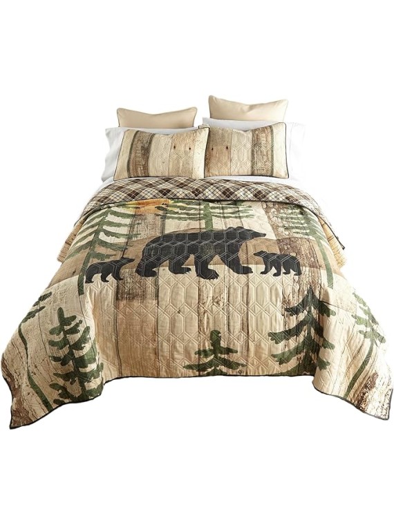 King Bedding Set - 3 Piece - Painted Bear Lodge Quilt Set with King Quilt and Two King Pillow Shams - Machine Washable