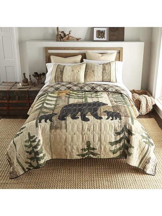 King Bedding Set - 3 Piece - Painted Bear Lodge Quilt Set with King Quilt and Two King Pillow Shams - Machine Washable