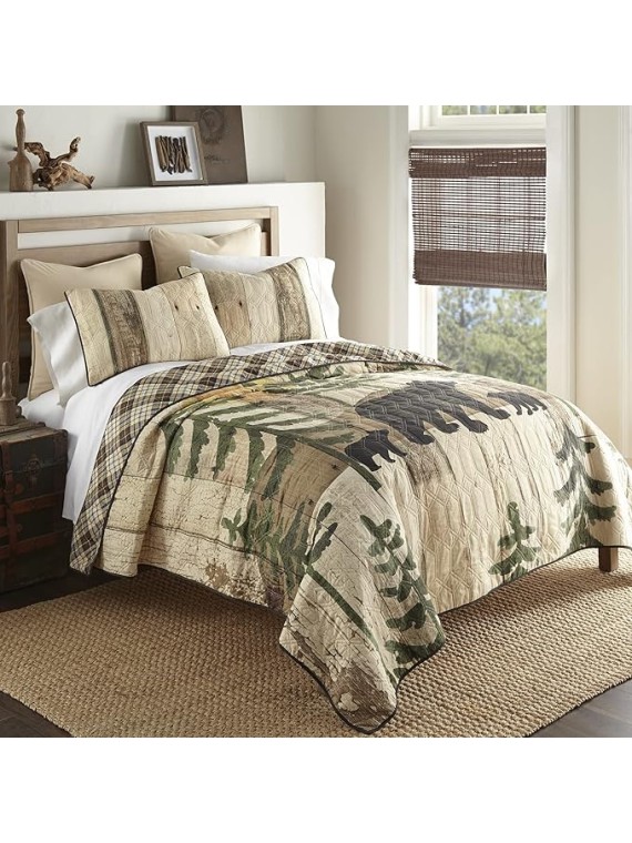 King Bedding Set - 3 Piece - Painted Bear Lodge Quilt Set with King Quilt and Two King Pillow Shams - Machine Washable