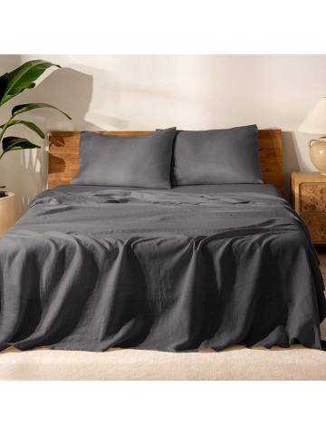 Queen Sheet Set - Luxury 100% Linen Bed Sheets - Deep Pockets - Easy Fit - 4 Piece Set - Bedding Sheets & Pillowcases (Queen, Dark Grey)