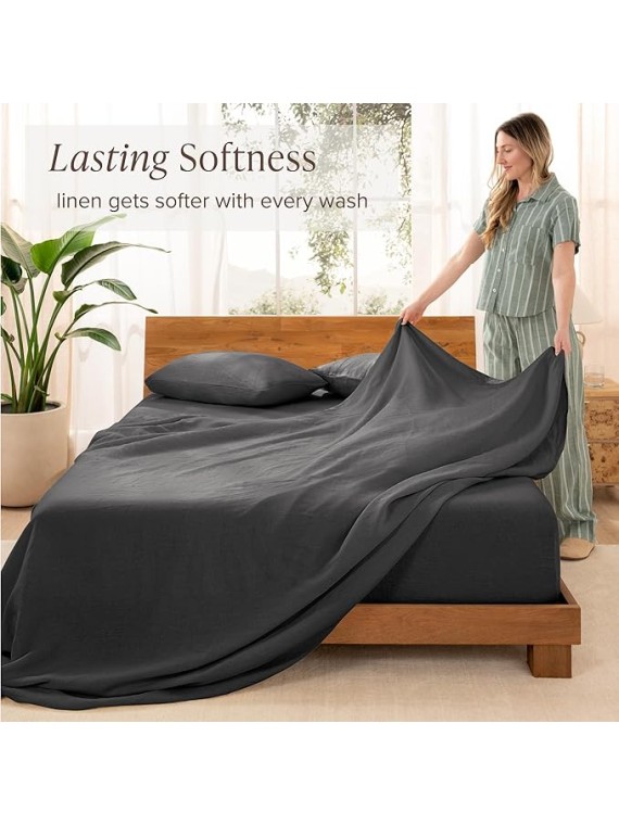Queen Sheet Set - Luxury 100% Linen Bed Sheets - Deep Pockets - Easy Fit - 4 Piece Set - Bedding Sheets & Pillowcases (Queen, Dark Grey)
