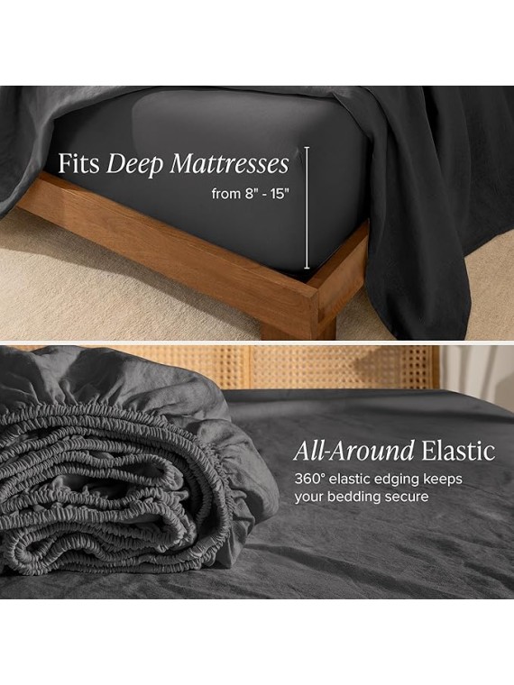 Queen Sheet Set - Luxury 100% Linen Bed Sheets - Deep Pockets - Easy Fit - 4 Piece Set - Bedding Sheets & Pillowcases (Queen, Dark Grey)