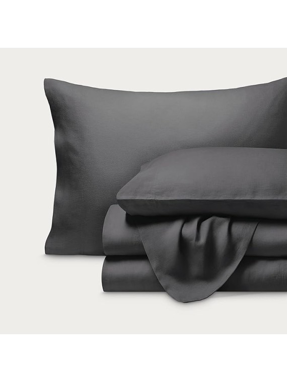 Queen Sheet Set - Luxury 100% Linen Bed Sheets - Deep Pockets - Easy Fit - 4 Piece Set - Bedding Sheets & Pillowcases (Queen, Dark Grey)