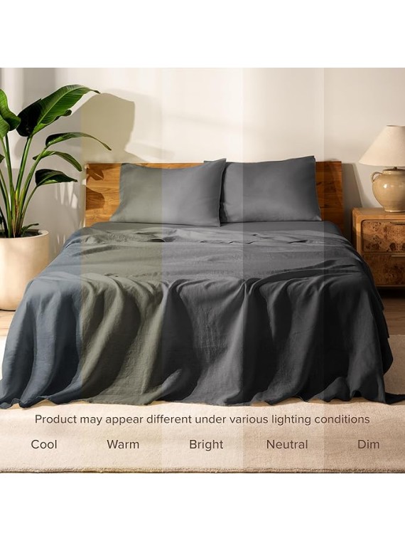 Queen Sheet Set - Luxury 100% Linen Bed Sheets - Deep Pockets - Easy Fit - 4 Piece Set - Bedding Sheets & Pillowcases (Queen, Dark Grey)