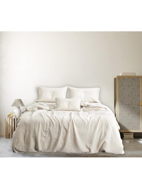 100% French Linen Stone Washed Sheet Set, 1 Fitted Sheet, 1 Flat Sheet, 4 Pillow Cases (King Size - Otmeal)