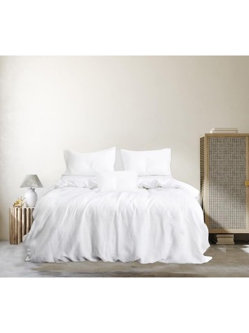 100% French Linen Stone Washed Sheet Set, 1 Fitted Sheet, 1 Flat Sheet, 4 Pillow Cases (White-King Size)