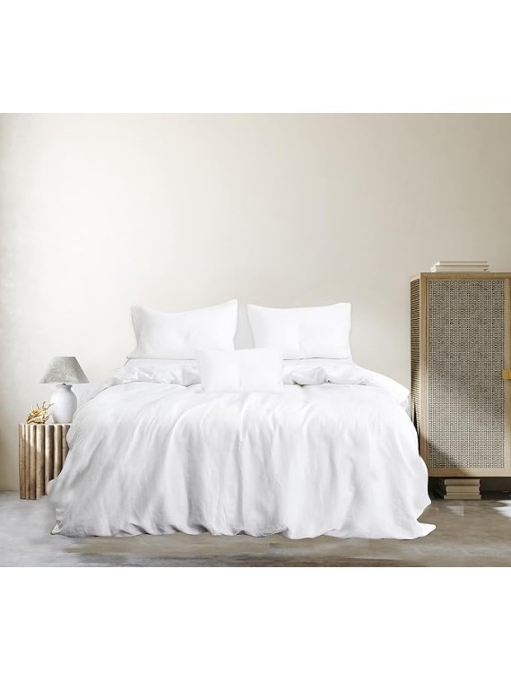 100% French Linen Stone Washed Sheet Set, 1 Fitted Sheet, 1 Flat Sheet, 4 Pillow Cases (White-King Size)