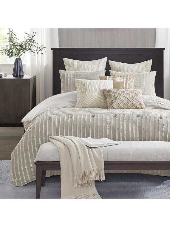King Comforter Set Clipped Jacquard Stripes with Buttons Boho Comforter for a King-Size Bed, Cotton Oversized Comforters with Removable Cover Boho Bedding, King Ivory 9 Piece