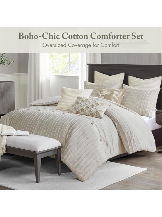 King Comforter Set Clipped Jacquard Stripes with Buttons Boho Comforter for a King-Size Bed, Cotton Oversized Comforters with Removable Cover Boho Bedding, King Ivory 9 Piece