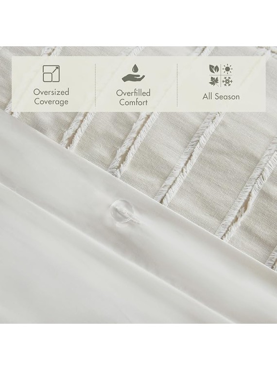 King Comforter Set Clipped Jacquard Stripes with Buttons Boho Comforter for a King-Size Bed, Cotton Oversized Comforters with Removable Cover Boho Bedding, King Ivory 9 Piece