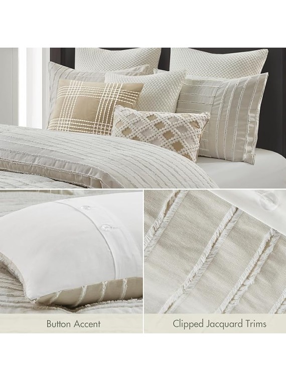 King Comforter Set Clipped Jacquard Stripes with Buttons Boho Comforter for a King-Size Bed, Cotton Oversized Comforters with Removable Cover Boho Bedding, King Ivory 9 Piece