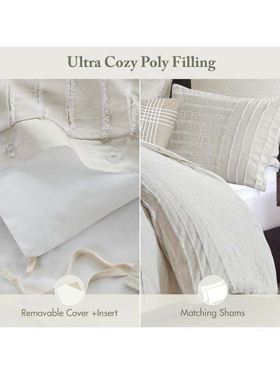King Comforter Set Clipped Jacquard Stripes with Buttons Boho Comforter for a King-Size Bed, Cotton Oversized Comforters with Removable Cover Boho Bedding, King Ivory 9 Piece