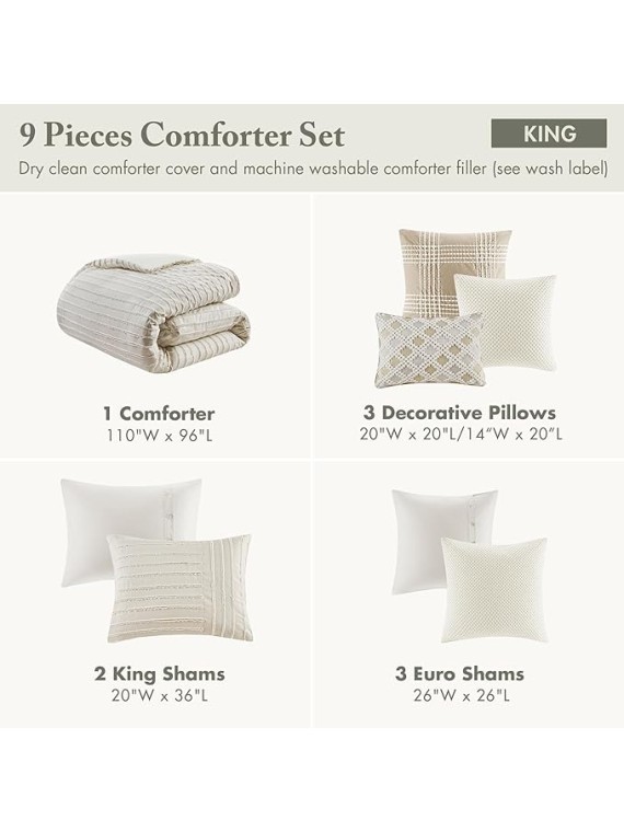 King Comforter Set Clipped Jacquard Stripes with Buttons Boho Comforter for a King-Size Bed, Cotton Oversized Comforters with Removable Cover Boho Bedding, King Ivory 9 Piece