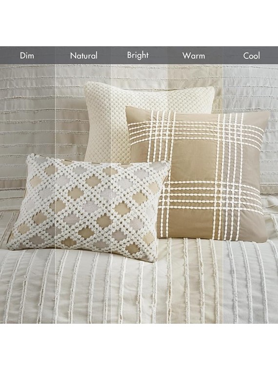 King Comforter Set Clipped Jacquard Stripes with Buttons Boho Comforter for a King-Size Bed, Cotton Oversized Comforters with Removable Cover Boho Bedding, King Ivory 9 Piece