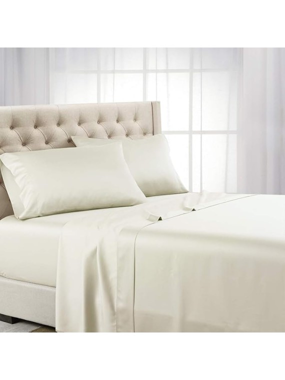 Made in USA- Luxury 800 Thread Count Pure Cotton Bed Sheets Set (Queen Size-Ivory) Heavyweight Sateen Weave Linens