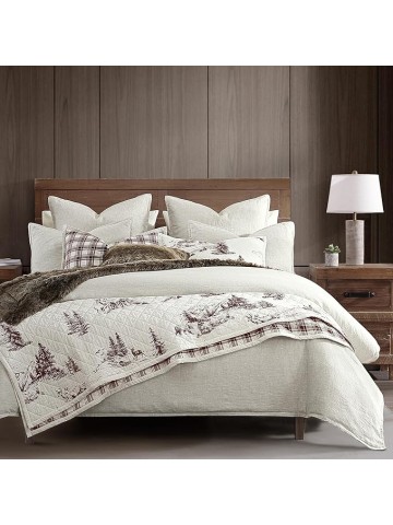 White Pine Rustic Bedding 3 Piece Full Queen Quilt Set, Cotton White Brown Bear Deer Pine Tree Woodland Print Cabin Bedding, Reversible Lodge Quilt Set with Pillow Shams