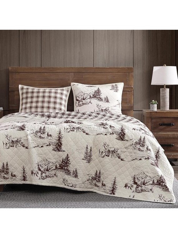 White Pine Rustic Bedding 3 Piece Full Queen Quilt Set, Cotton White Brown Bear Deer Pine Tree Woodland Print Cabin Bedding, Reversible Lodge Quilt Set with Pillow Shams