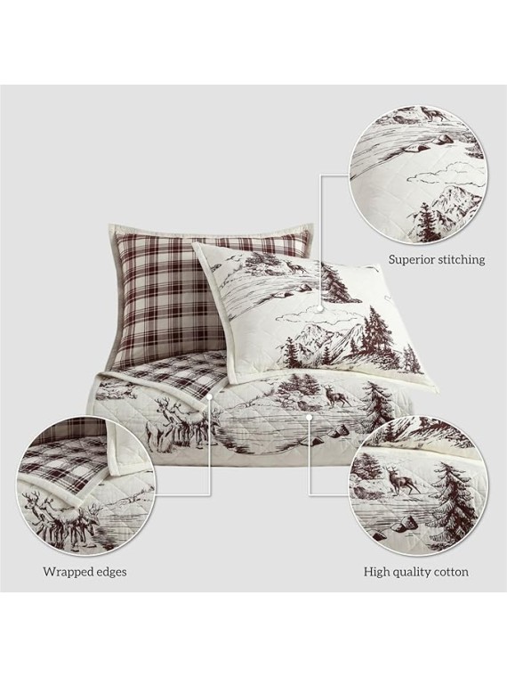 White Pine Rustic Bedding 3 Piece Full Queen Quilt Set, Cotton White Brown Bear Deer Pine Tree Woodland Print Cabin Bedding, Reversible Lodge Quilt Set with Pillow Shams