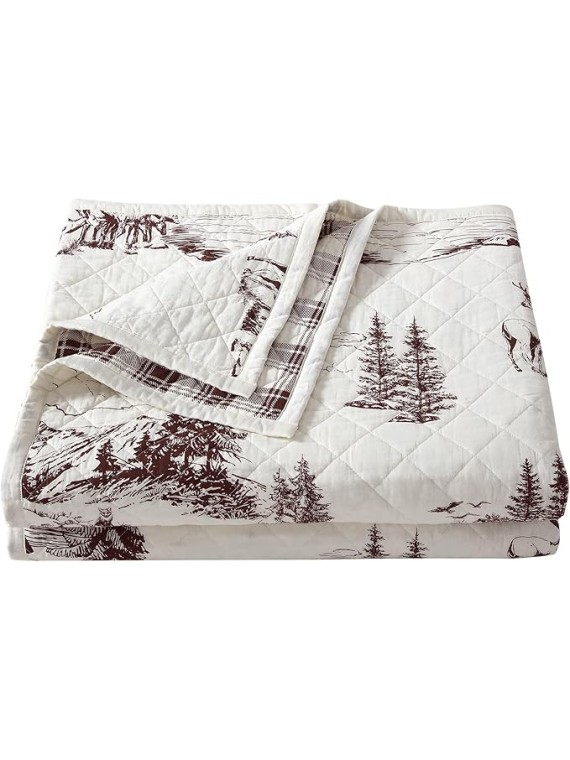 White Pine Rustic Bedding 3 Piece Full Queen Quilt Set, Cotton White Brown Bear Deer Pine Tree Woodland Print Cabin Bedding, Reversible Lodge Quilt Set with Pillow Shams