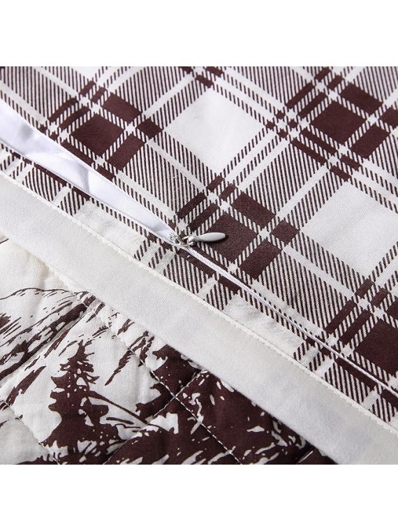 White Pine Rustic Bedding 3 Piece Full Queen Quilt Set, Cotton White Brown Bear Deer Pine Tree Woodland Print Cabin Bedding, Reversible Lodge Quilt Set with Pillow Shams