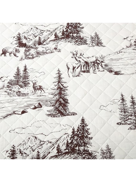White Pine Rustic Bedding 3 Piece Full Queen Quilt Set, Cotton White Brown Bear Deer Pine Tree Woodland Print Cabin Bedding, Reversible Lodge Quilt Set with Pillow Shams