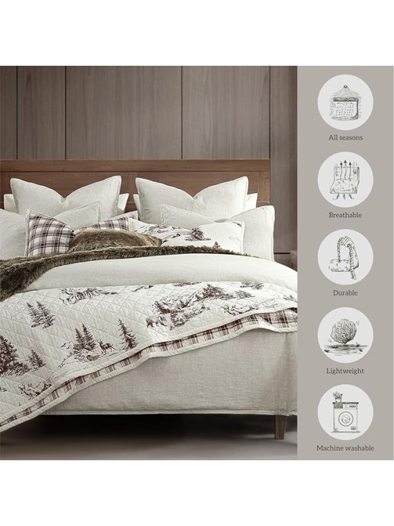White Pine Rustic Bedding 3 Piece Full Queen Quilt Set, Cotton White Brown Bear Deer Pine Tree Woodland Print Cabin Bedding, Reversible Lodge Quilt Set with Pillow Shams