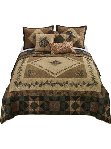 King Bedding Set - Antique Pine Lodge Quilt Set with Quilt, Two Pillow Shams and One Decorative Pillow - Machine Washable
