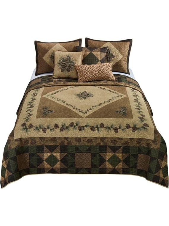 King Bedding Set - Antique Pine Lodge Quilt Set with Quilt, Two Pillow Shams and One Decorative Pillow - Machine Washable
