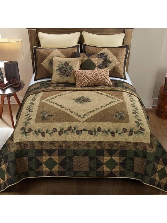 King Bedding Set - Antique Pine Lodge Quilt Set with Quilt, Two Pillow Shams and One Decorative Pillow - Machine Washable