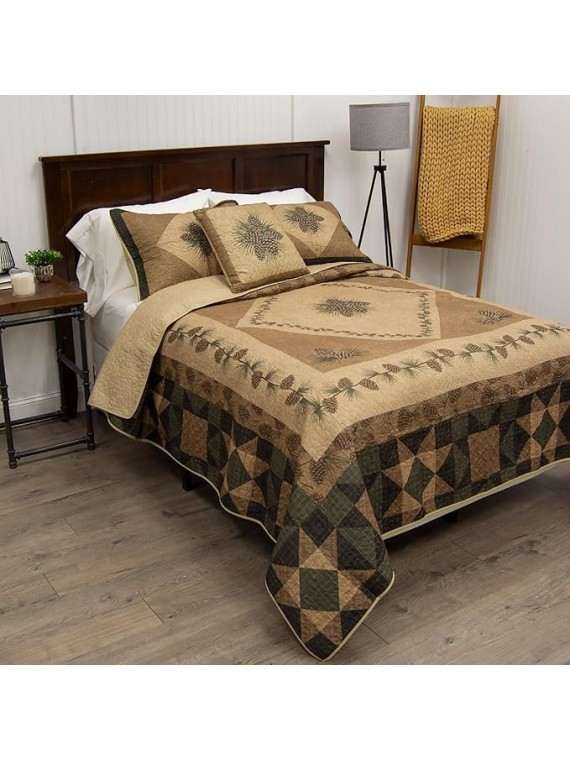 King Bedding Set - Antique Pine Lodge Quilt Set with Quilt, Two Pillow Shams and One Decorative Pillow - Machine Washable
