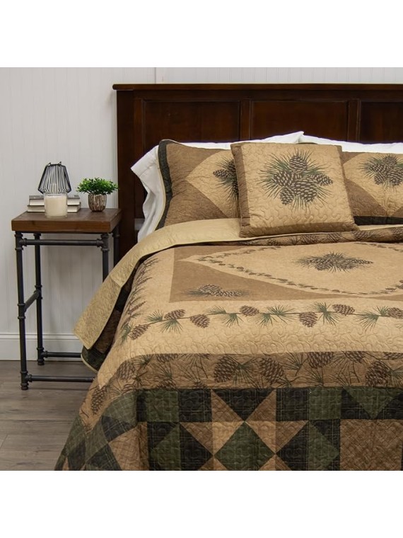 King Bedding Set - Antique Pine Lodge Quilt Set with Quilt, Two Pillow Shams and One Decorative Pillow - Machine Washable