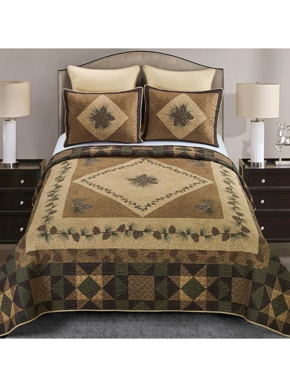 King Bedding Set - Antique Pine Lodge Quilt Set with Quilt, Two Pillow Shams and One Decorative Pillow - Machine Washable