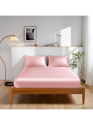100% Mulberry Silk Bed Sheet Set - 3pcs Pure Silk Sheet Set - 16" Deep Pocket Fitted Sheet, 2 Pack Silk Pillowcase with Zipper Closure - Queen Size, Charming Pink