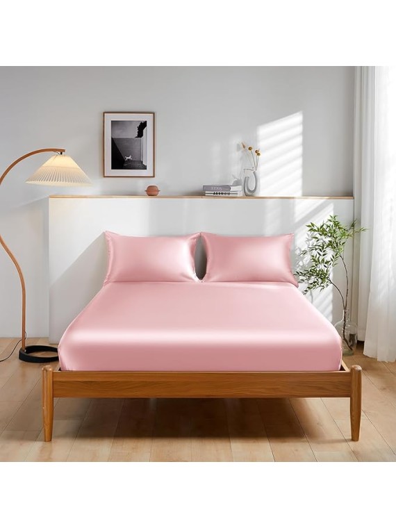 100% Mulberry Silk Bed Sheet Set - 3pcs Pure Silk Sheet Set - 16" Deep Pocket Fitted Sheet, 2 Pack Silk Pillowcase with Zipper Closure - Queen Size, Charming Pink