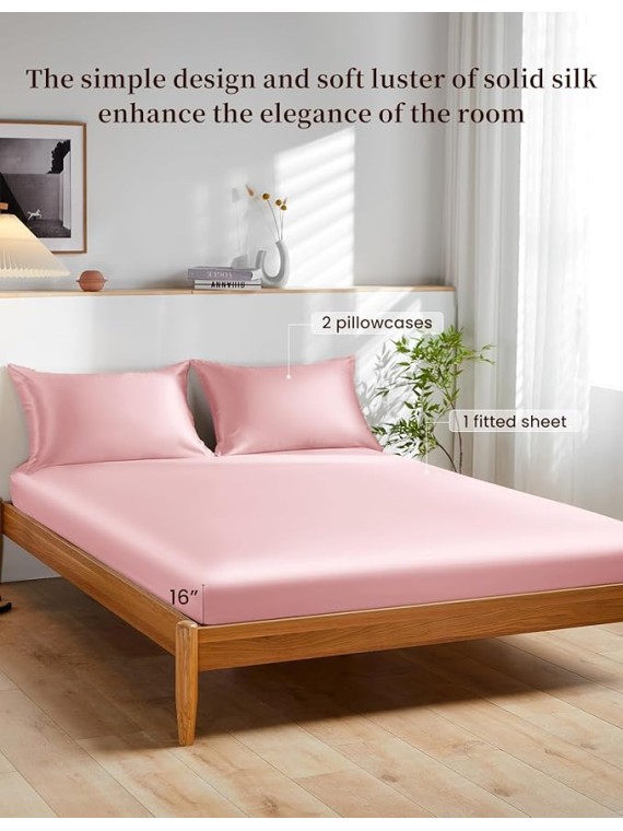 100% Mulberry Silk Bed Sheet Set - 3pcs Pure Silk Sheet Set - 16" Deep Pocket Fitted Sheet, 2 Pack Silk Pillowcase with Zipper Closure - Queen Size, Charming Pink