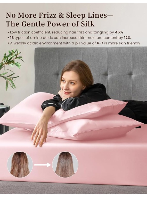 100% Mulberry Silk Bed Sheet Set - 3pcs Pure Silk Sheet Set - 16" Deep Pocket Fitted Sheet, 2 Pack Silk Pillowcase with Zipper Closure - Queen Size, Charming Pink