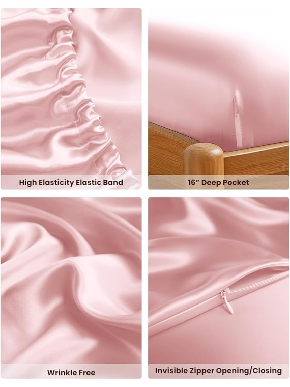 100% Mulberry Silk Bed Sheet Set - 3pcs Pure Silk Sheet Set - 16" Deep Pocket Fitted Sheet, 2 Pack Silk Pillowcase with Zipper Closure - Queen Size, Charming Pink