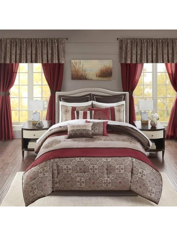 24-Pc Essentials Delaney Comforter Set-Satin Jacquard All Season Luxury Bedding Sets with Bedding, Sheets, Pillows, King(104"x92"), Medallion Red