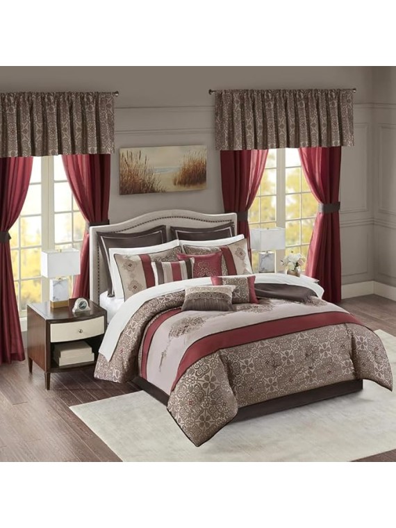 24-Pc Essentials Delaney Comforter Set-Satin Jacquard All Season Luxury Bedding Sets with Bedding, Sheets, Pillows, King(104"x92"), Medallion Red