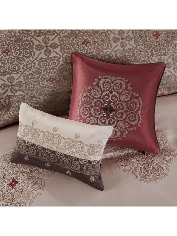 24-Pc Essentials Delaney Comforter Set-Satin Jacquard All Season Luxury Bedding Sets with Bedding, Sheets, Pillows, King(104"x92"), Medallion Red