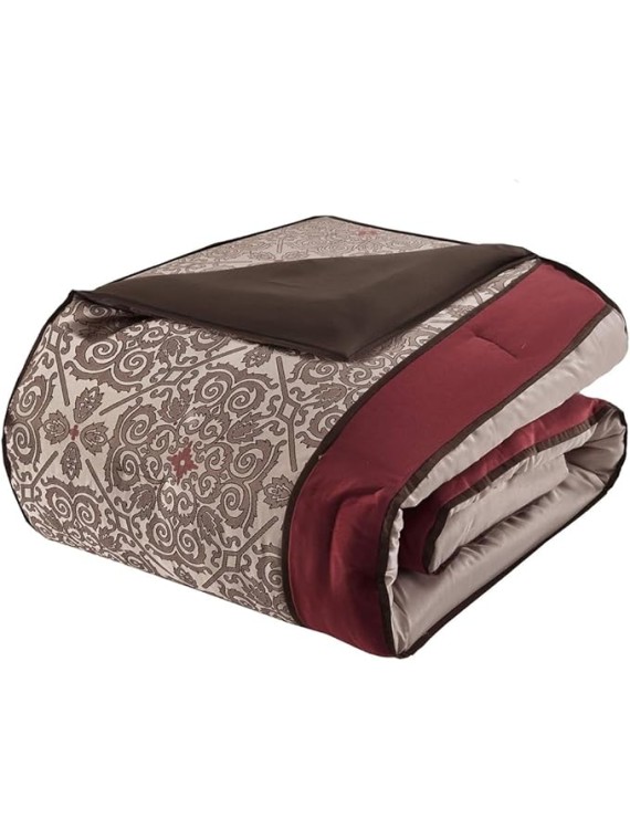 24-Pc Essentials Delaney Comforter Set-Satin Jacquard All Season Luxury Bedding Sets with Bedding, Sheets, Pillows, King(104"x92"), Medallion Red