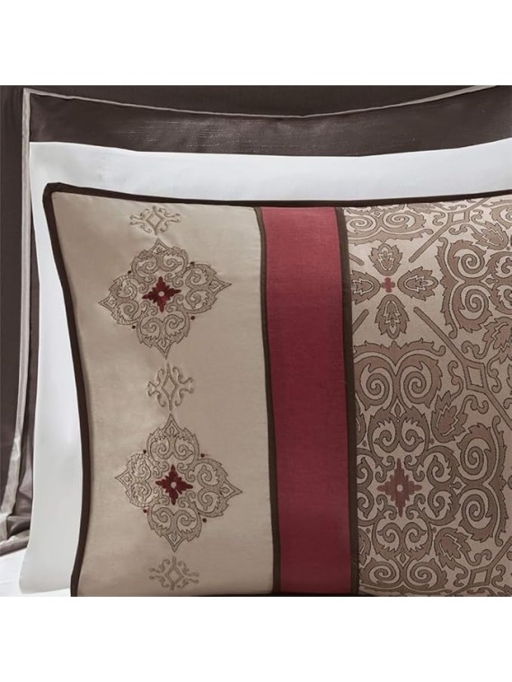 24-Pc Essentials Delaney Comforter Set-Satin Jacquard All Season Luxury Bedding Sets with Bedding, Sheets, Pillows, King(104"x92"), Medallion Red