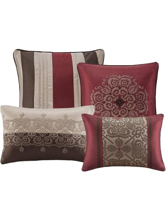 24-Pc Essentials Delaney Comforter Set-Satin Jacquard All Season Luxury Bedding Sets with Bedding, Sheets, Pillows, King(104"x92"), Medallion Red