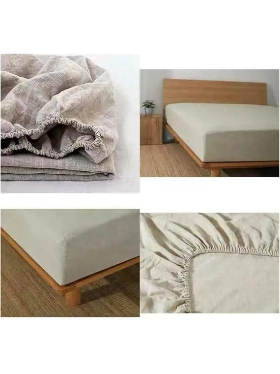 Pure Linen Fitted Sheet Set, Mattress Covers with Elastic Band and 2 Pillowcases, Soft Mattress Protector, Queen King Size,Bedding