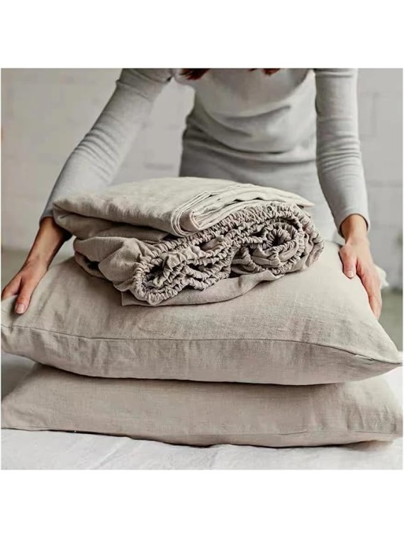 Pure Linen Fitted Sheet Set, Mattress Covers with Elastic Band and 2 Pillowcases, Soft Mattress Protector, Queen King Size,Bedding