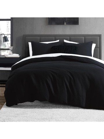 Bedding Modern Waffle 3-Piece Cotton Comforter & Sham Set, King, Faded Black