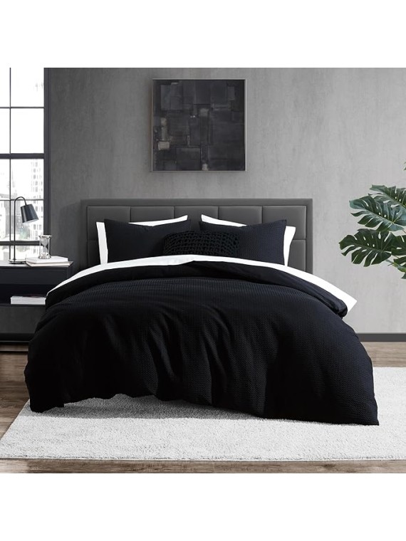 Bedding Modern Waffle 3-Piece Cotton Comforter & Sham Set, King, Faded Black