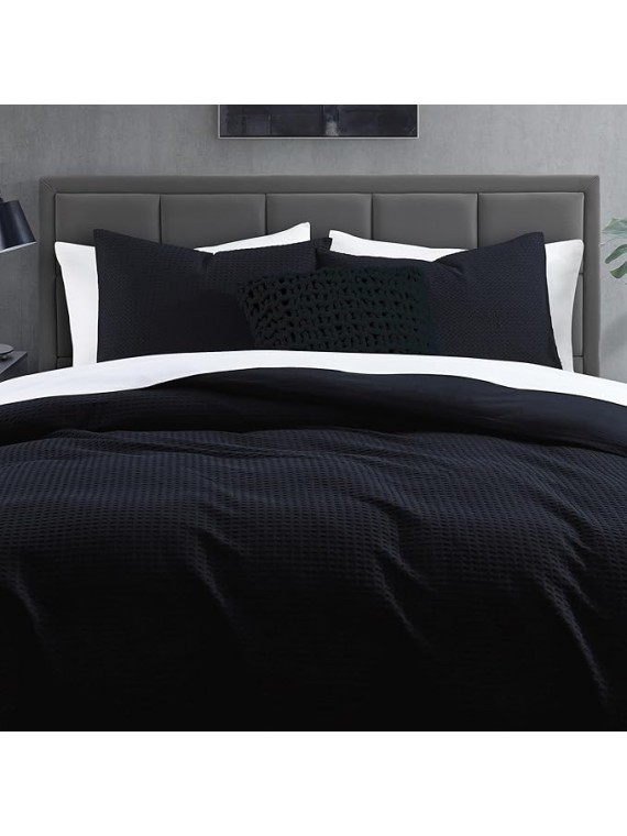Bedding Modern Waffle 3-Piece Cotton Comforter & Sham Set, King, Faded Black