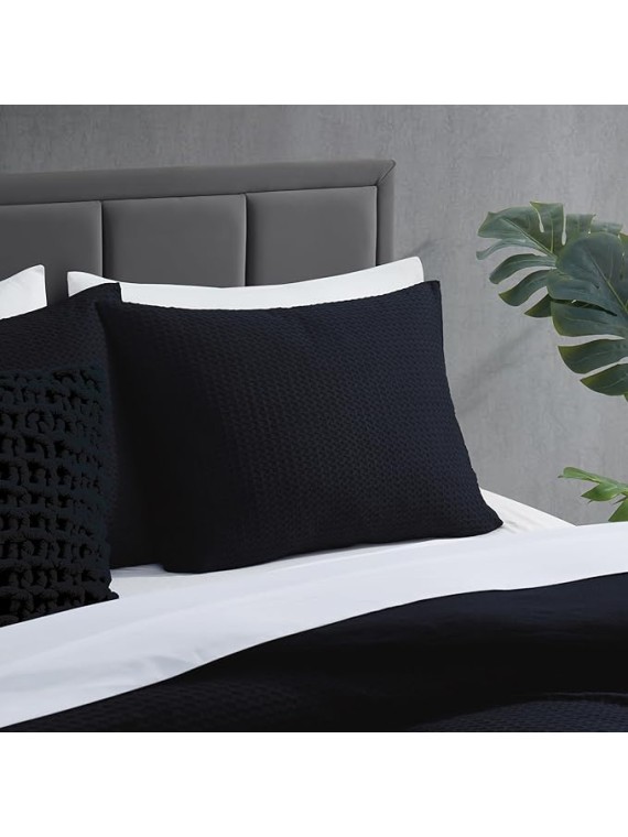 Bedding Modern Waffle 3-Piece Cotton Comforter & Sham Set, King, Faded Black